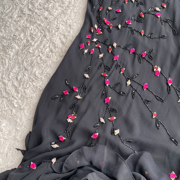 Cache silk rosette beaded slip dress prom gown ruffle formal cocktail floral M - Picture 9 of 16